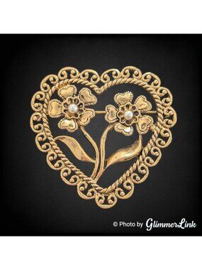 Vintage 90s Avon Antiqued Heart Gold Tone Filigree with Faux Pearls Brooch